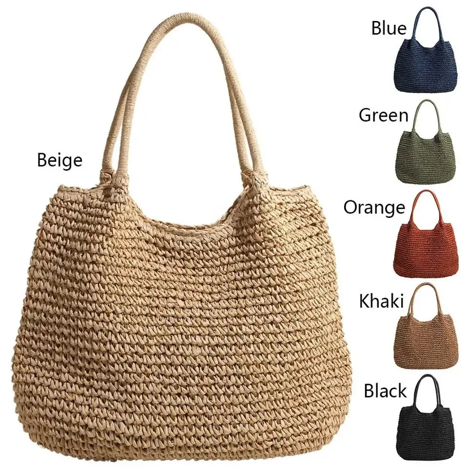 Strohtasche | Große Vintage Schultertasche