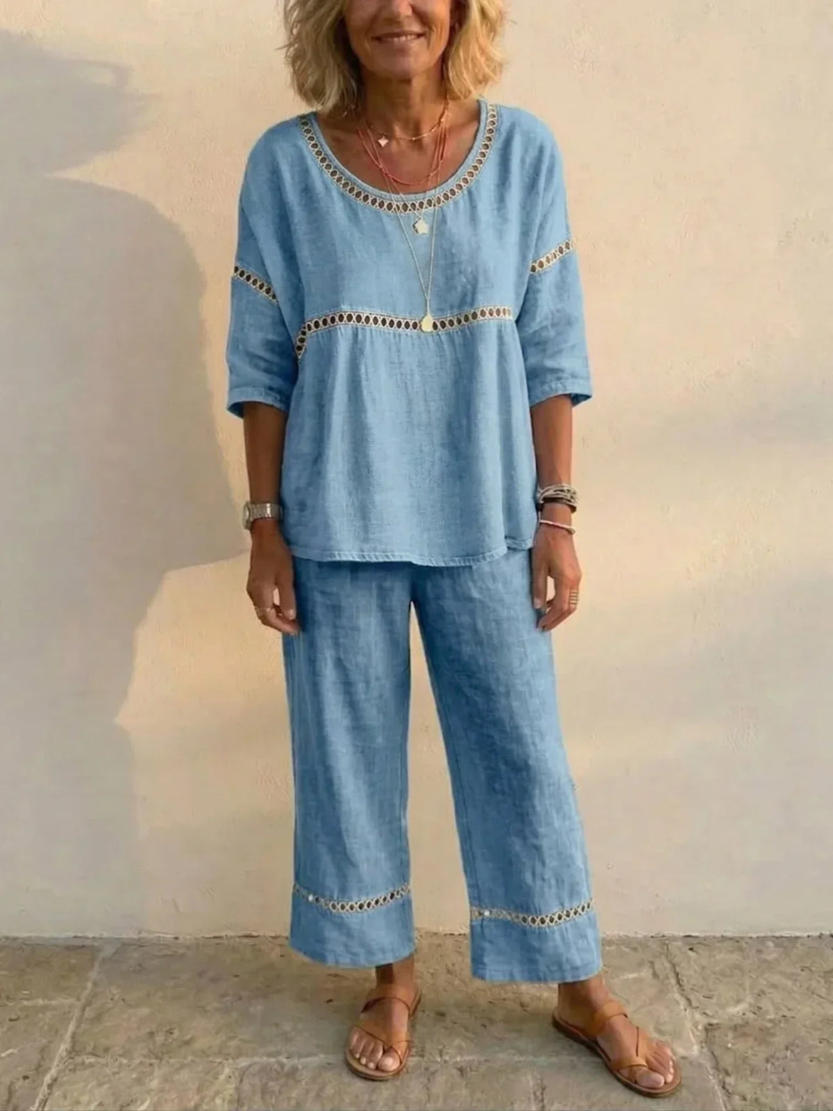 Marielle | Zweiteiliges Set aus weichem Leinen mit Spitzen-Details