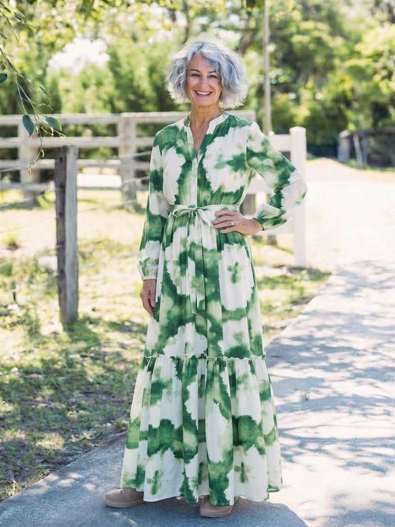 Sabine | Maxikleid mit langen Ärmeln und Bindegürtel