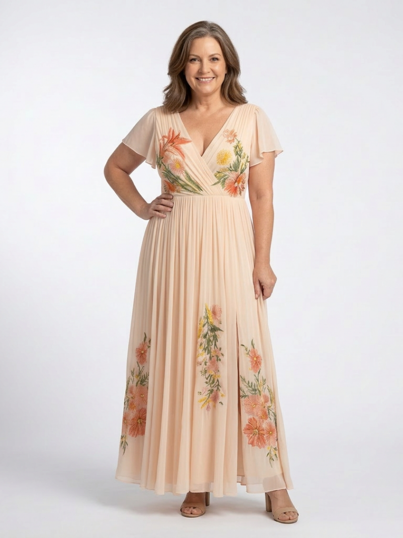 Calista | Maxikleid mit floralem Plissee und kurzen Ärmeln in V-Form