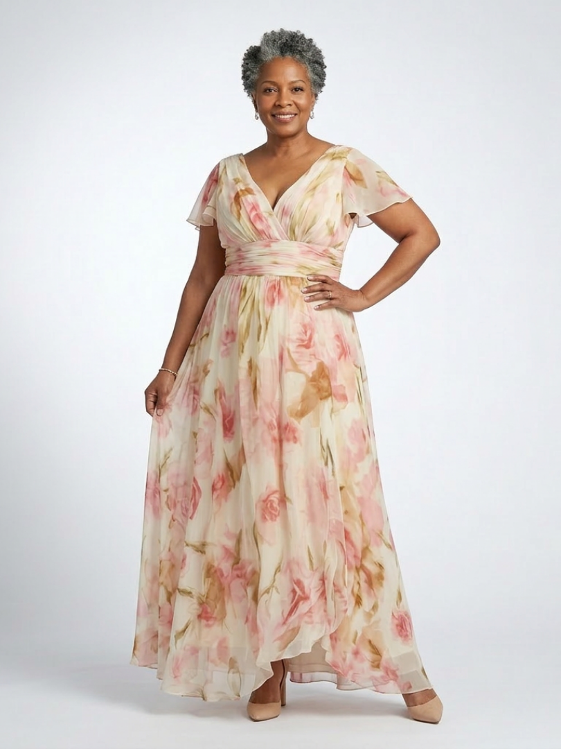 Elara | Maxikleid mit V-Ausschnitt und kurzen Ärmeln