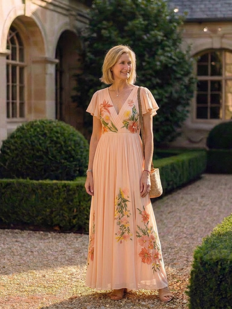 Calista | Maxikleid mit floralem Plissee und kurzen Ärmeln in V-Form