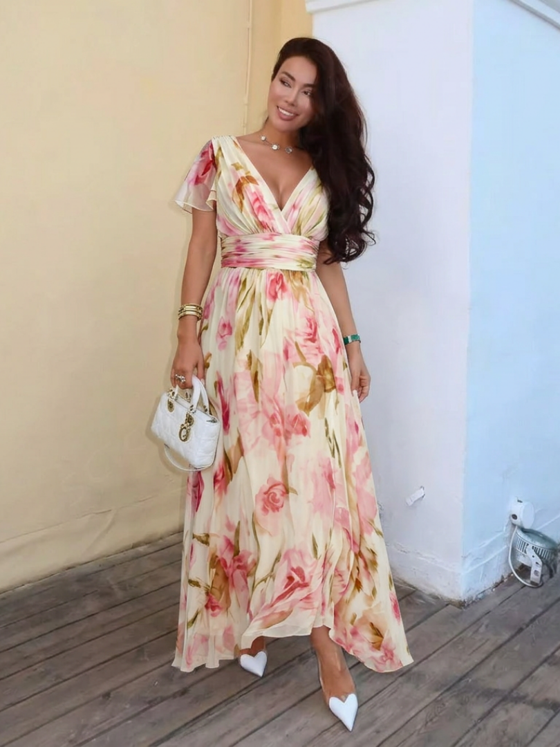 Elara | Maxikleid mit V-Ausschnitt und kurzen Ärmeln