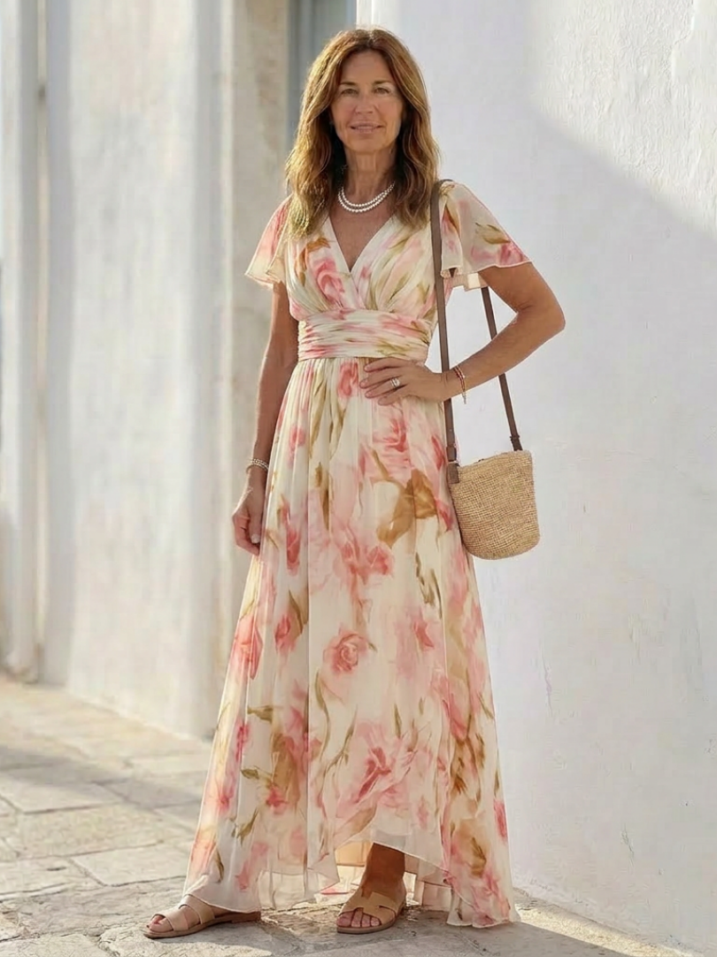 Elara | Maxikleid mit V-Ausschnitt und kurzen Ärmeln