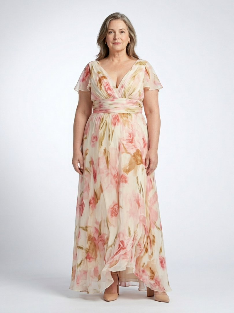 Elara | Maxikleid mit V-Ausschnitt und kurzen Ärmeln