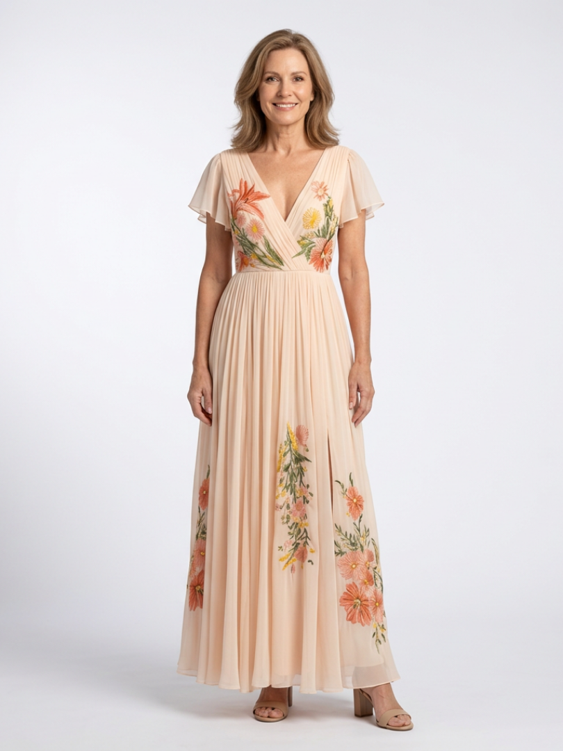 Calista | Maxikleid mit floralem Plissee und kurzen Ärmeln in V-Form