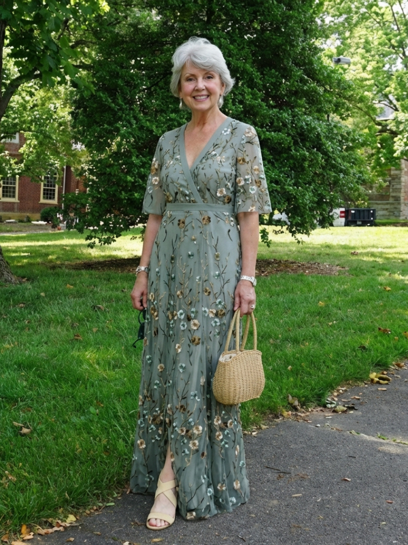 Evadne | Maxikleid mit kurzen Ärmeln und floralem V-Ausschnitt