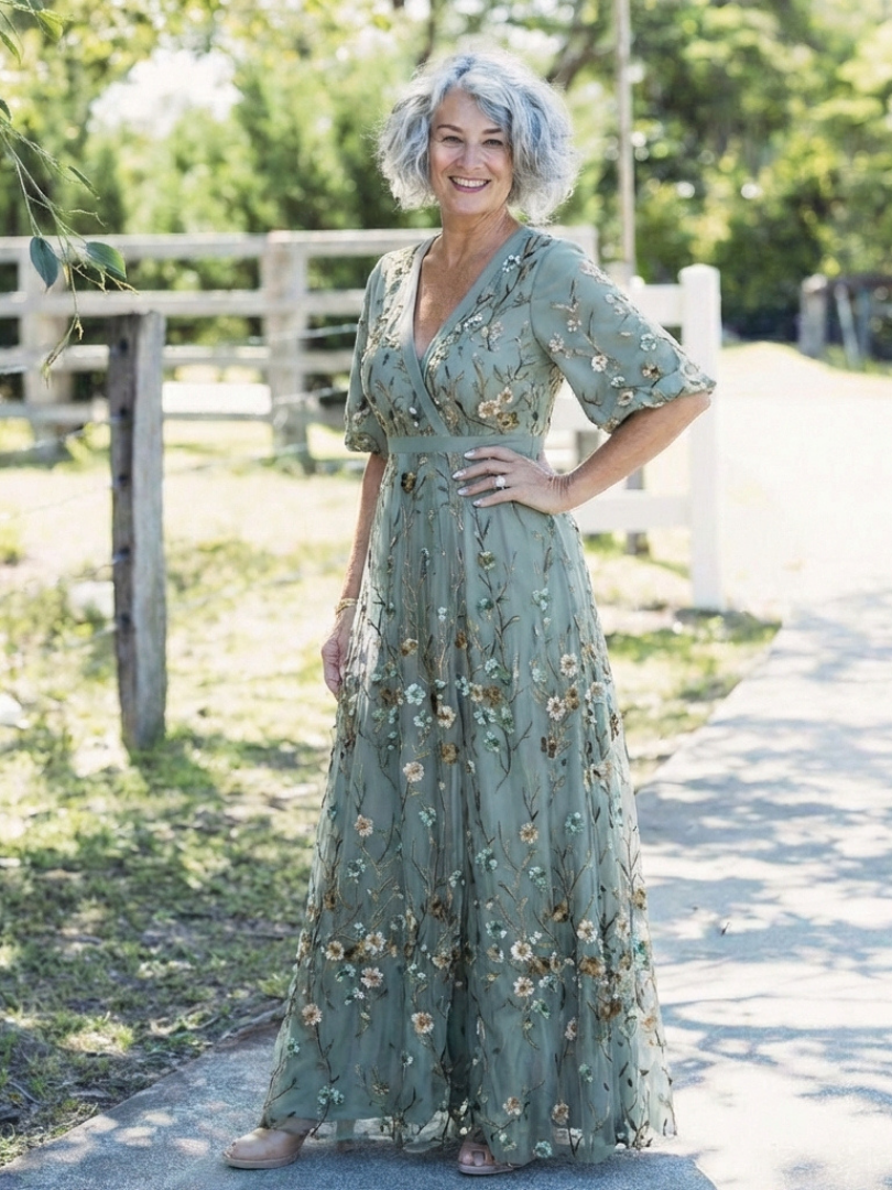 Evadne | Maxikleid mit kurzen Ärmeln und floralem V-Ausschnitt