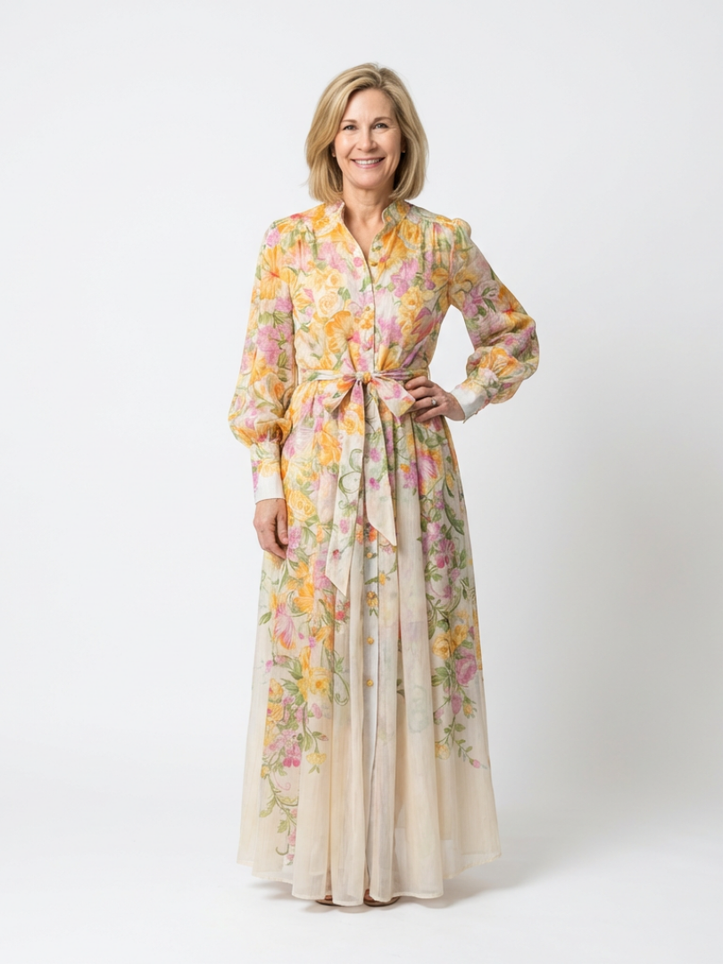 Cressida | Maxikleid mit langen Ärmeln in transparenter Blumenoptik