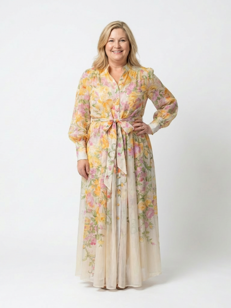 Cressida | Maxikleid mit langen Ärmeln in transparenter Blumenoptik