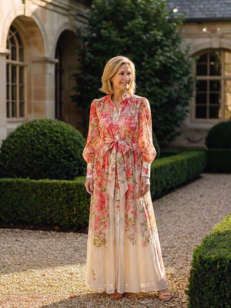Cressida | Maxikleid mit langen Ärmeln in transparenter Blumenoptik