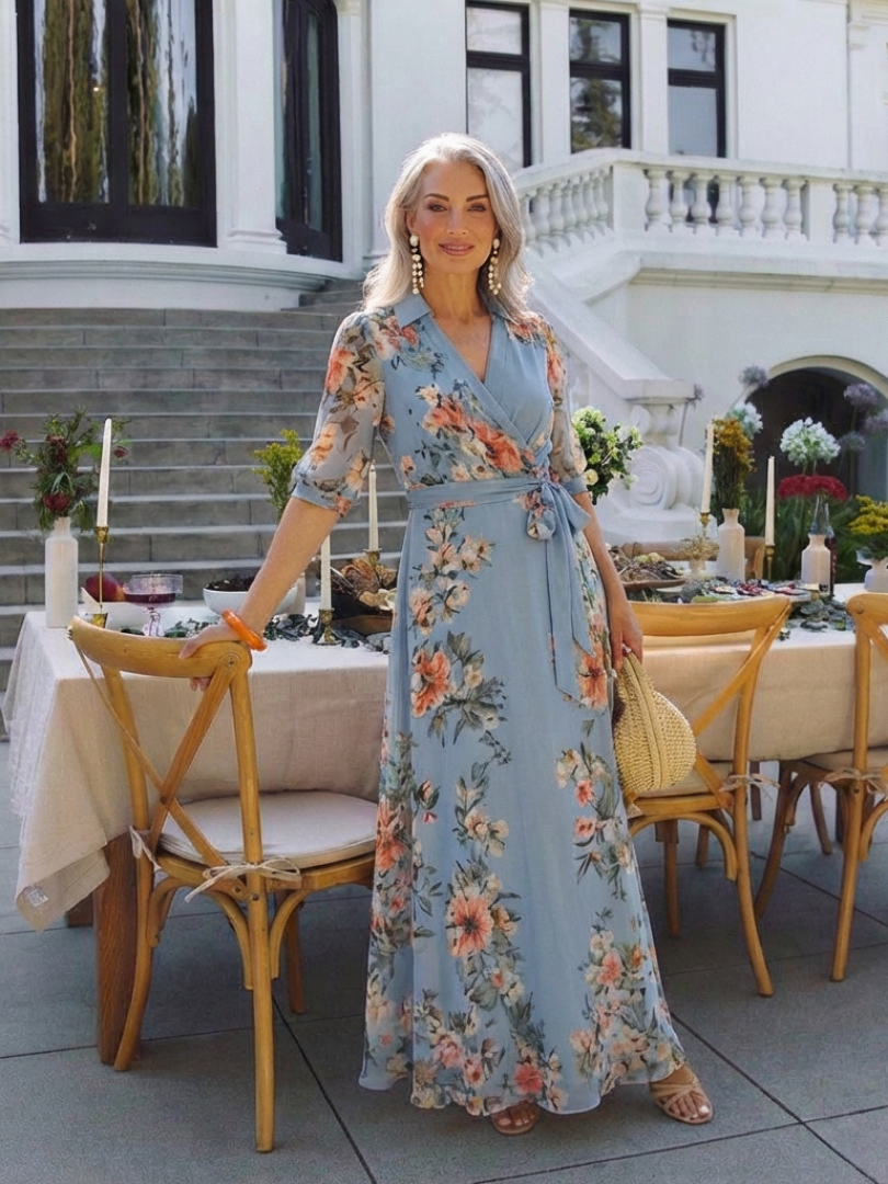 Elowen | Maxi-Wickelkleid mit V-Ausschnitt und floralem Muster