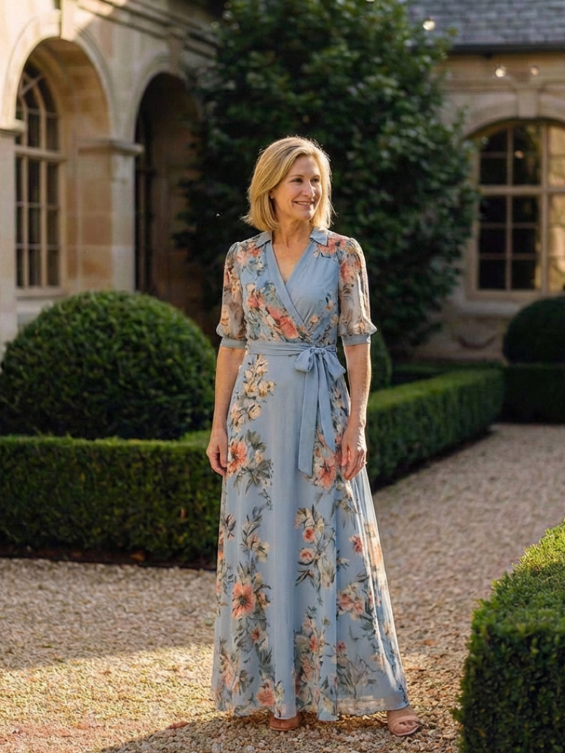 Elowen | Maxikleid mit Wickeloberteil und floralem V-Ausschnitt